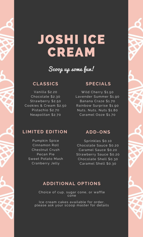 ice cream shop menu design